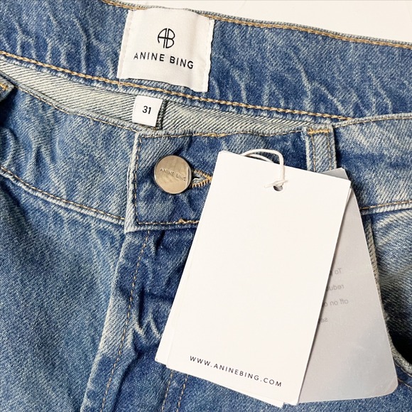 ANINE BING NWT Roy Mid Rise Relaxed Straight Leg Jeans 31 Nordic Blue split hem - Picture 8 of 13